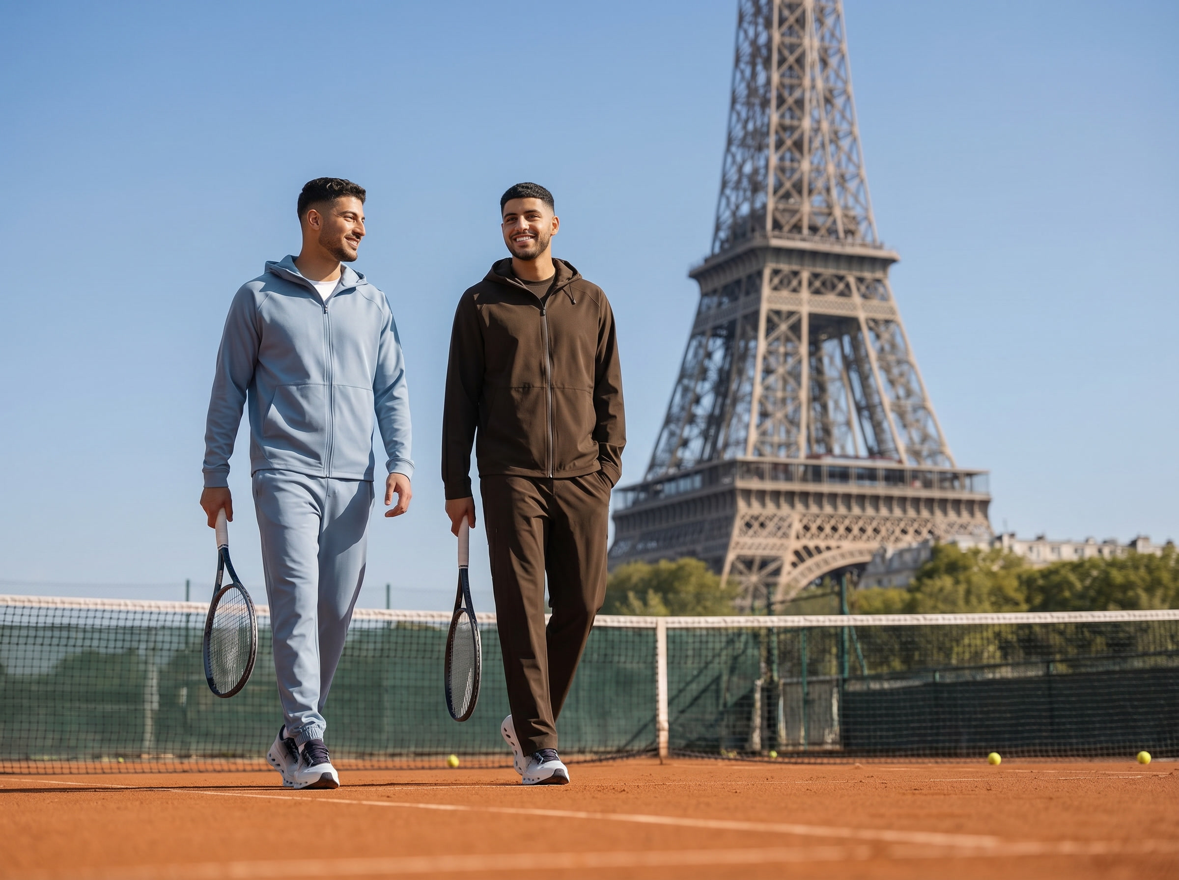 Deux Hommes en Tenue Sport Alo Yoga sur Court de Tennis — Baskets ON Running | Collection Paris Tour Eiffel